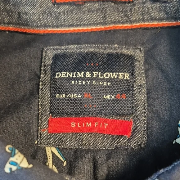 Denim & Flower Short Sleeve XL Airplane Print Blue Casual Button Down Shirt Mens - Picture 2 of 13